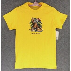Pahoa Hawaii Womens TShirt Medium Yellow Big Island Volcano Shark HI Kona Marlin